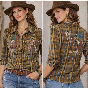 Desigual Embroidered Plaid Button Down Shirt Boho Western Medium EU 40